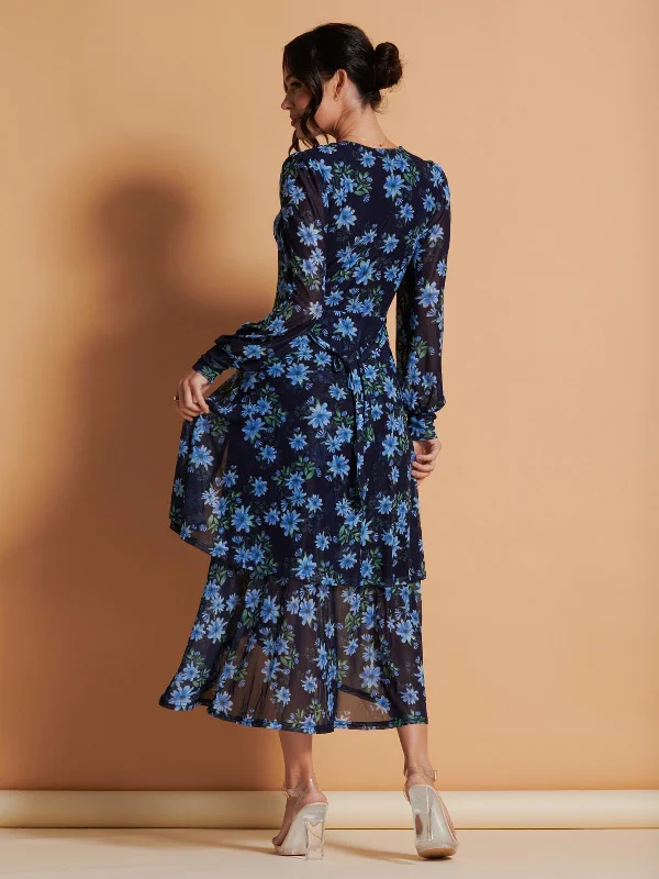 Asymmetrical Hem Mesh Midi Dress, Navy Floral