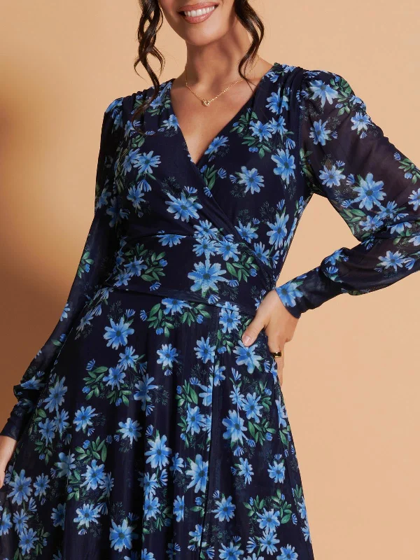 Asymmetrical Hem Mesh Midi Dress, Navy Floral