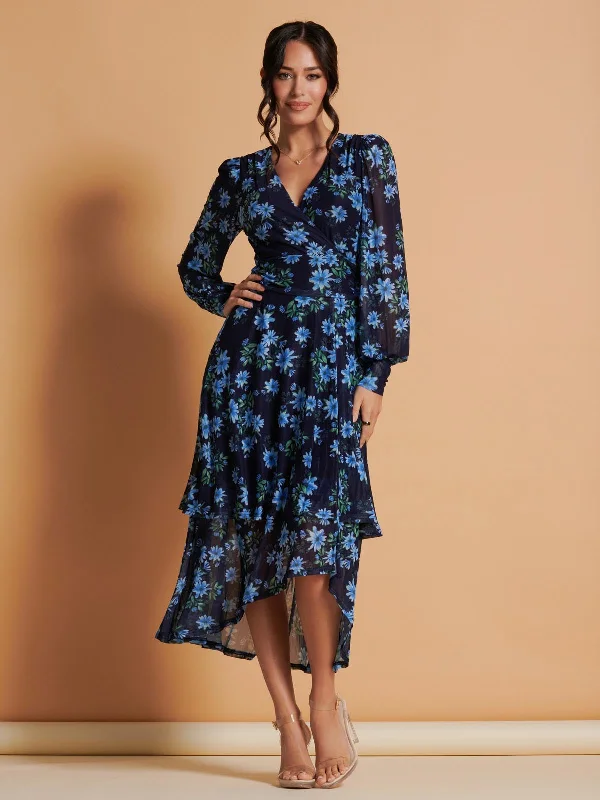 Asymmetrical Hem Mesh Midi Dress, Navy Floral