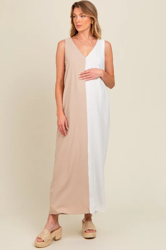 Beige Colorblock Maternity Midi Dress