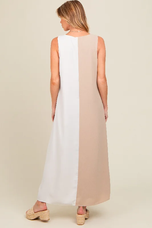 Beige Colorblock Maternity Midi Dress