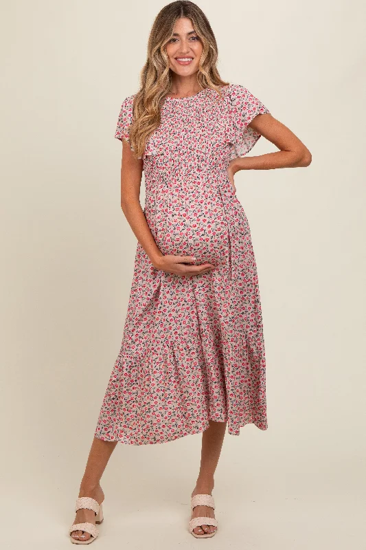 Beige Floral Smocked Maternity Midi Dress