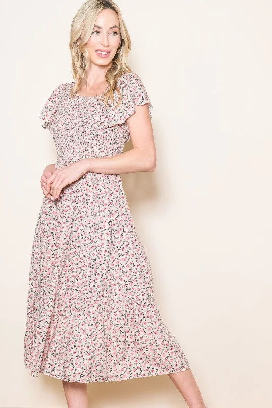 Beige Floral Smocked Maternity Midi Dress