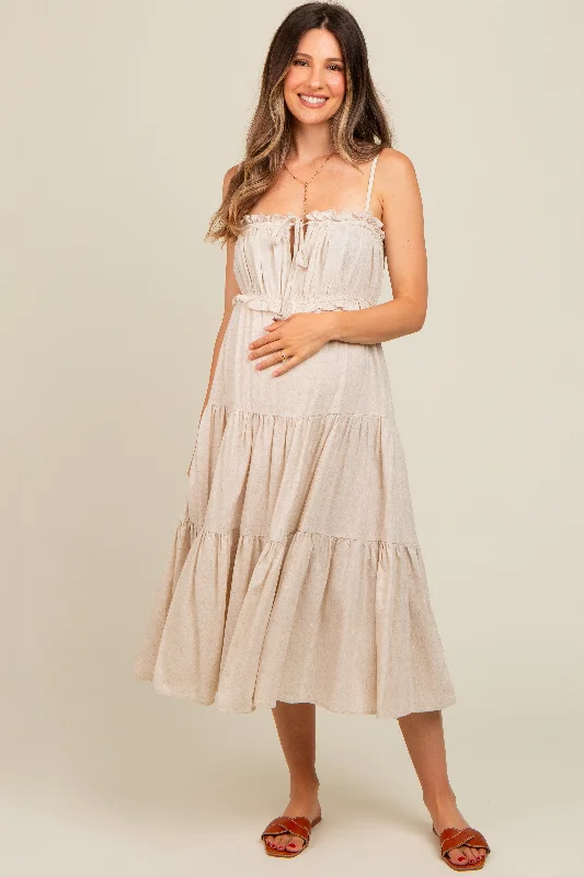 Beige Front Tie Cutout Tiered Maternity Midi Dress