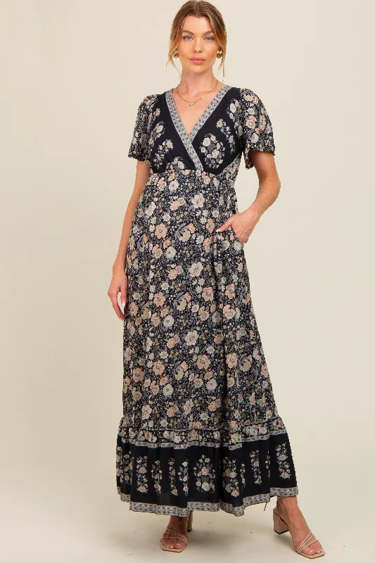 Black Floral Border Printed Woven Short Sleeve V-Neck Maternity Maxi Dress