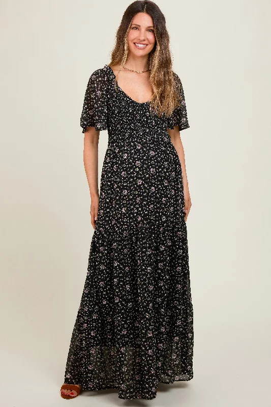 Black Floral Chiffon Smocked Maternity Maxi Dress