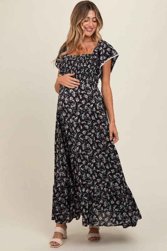 Black Floral Smocked Crochet Trim Maternity Dress