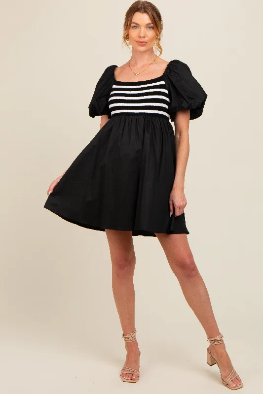 Black Knit Contrast Poplin Maternity Dress