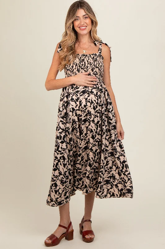 Black Printed Smocked Shoulder Tie Maternity Midi Dress