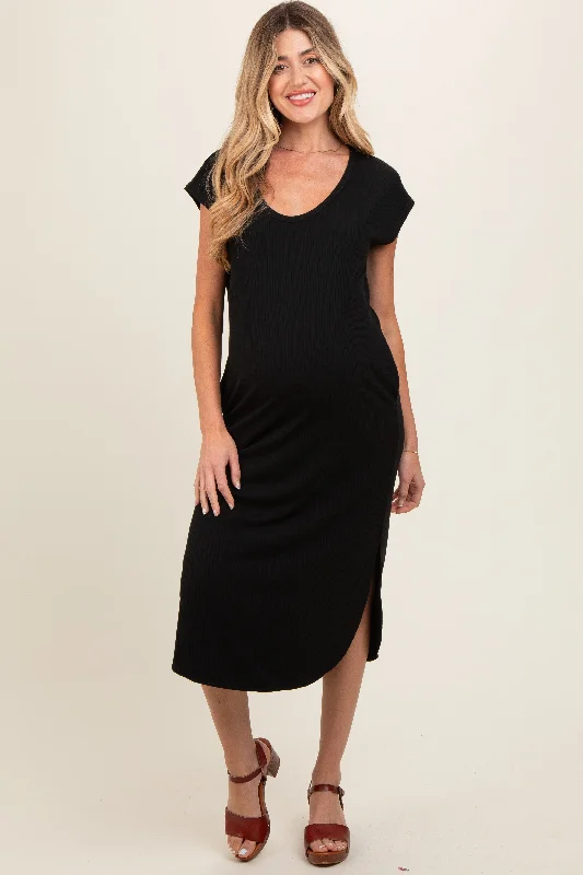 Black Rib Knit Scoop Neck Maternity Midi Dress