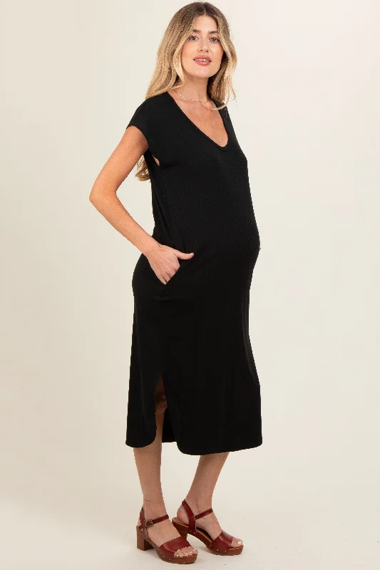 Black Rib Knit Scoop Neck Maternity Midi Dress