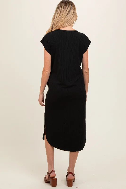 Black Rib Knit Scoop Neck Maternity Midi Dress