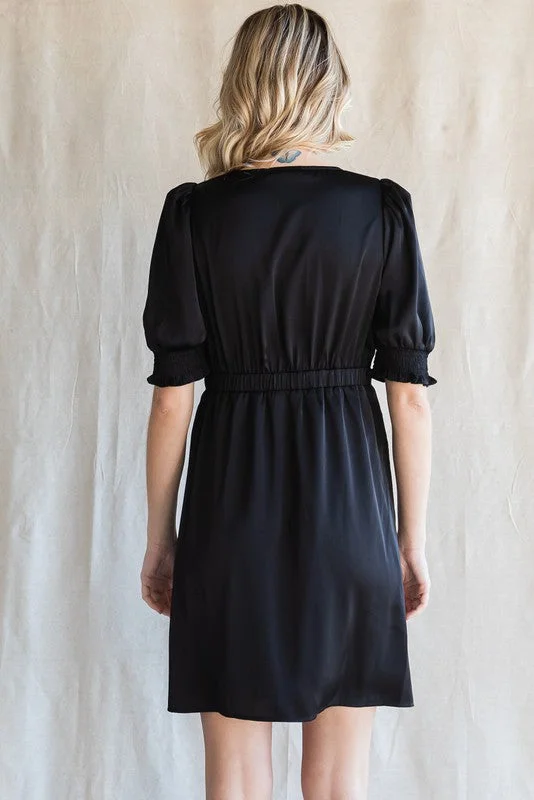 Black Satin Dress with Side Ruffle Detail by Jodifl Clothing