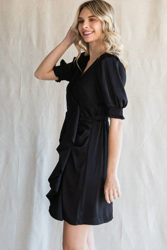 Black Satin Dress with Side Ruffle Detail by Jodifl Clothing