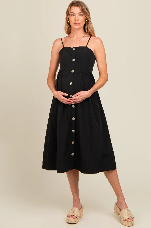 Black Sleeveless Button Down Maternity Midi Dress