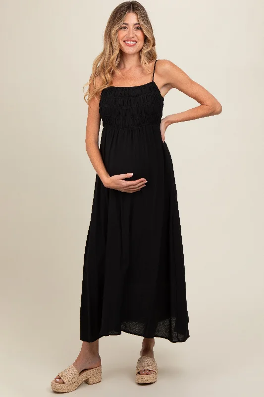 Black Smocked Cutout Lace Up Back Maternity Maxi Dress