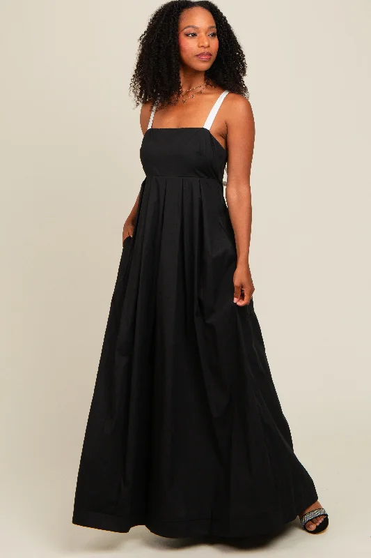 Black Square Neck Contrast Strap Back Cutout Maternity Maxi Dress