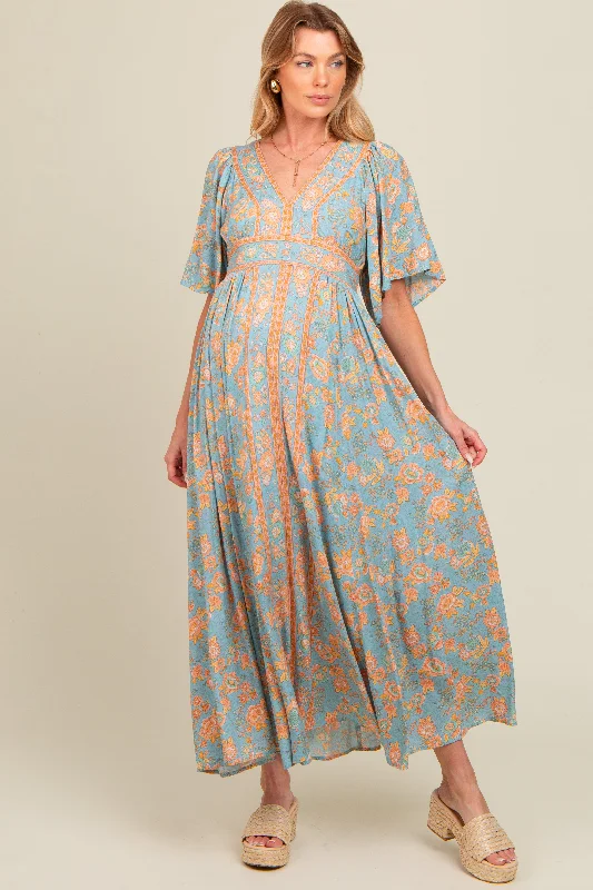 Blue Floral Border Print Flutter Sleeve Maternity Maxi Dress