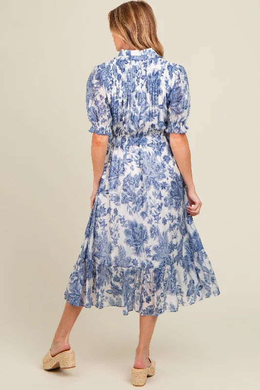 Blue Floral Ruffle Accent Button Up Maternity Midi Dress