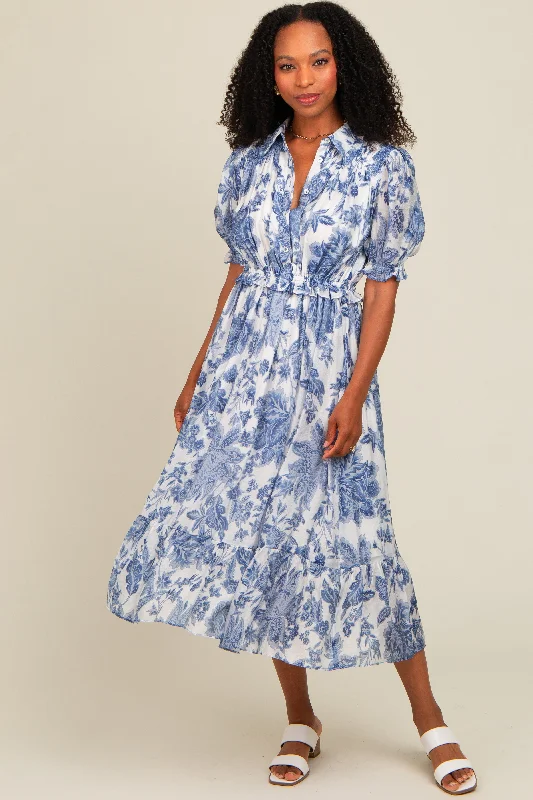 Blue Floral Ruffle Accent Button Up Maternity Midi Dress