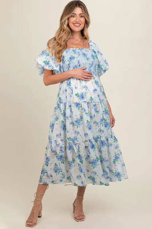 Blue Floral Smocked Puff Sleeve Maternity Midi Dress