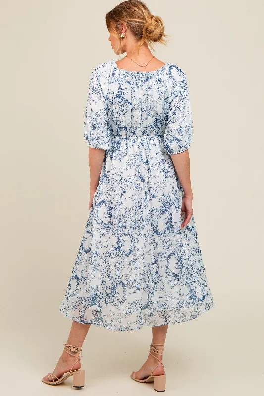 Blue Floral Square Neck Short Puff Sleeve Maternity Midi Dress