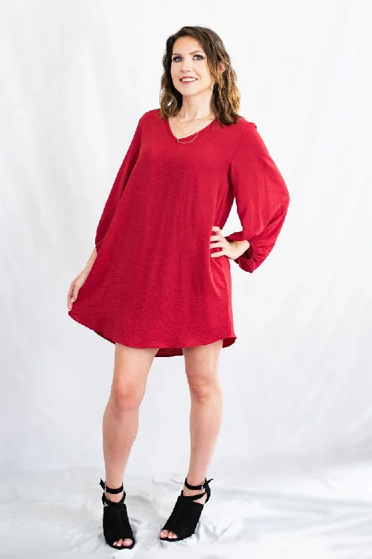 V-Neck Bubble Sleeve Shift Dress by Jodifl Clothing