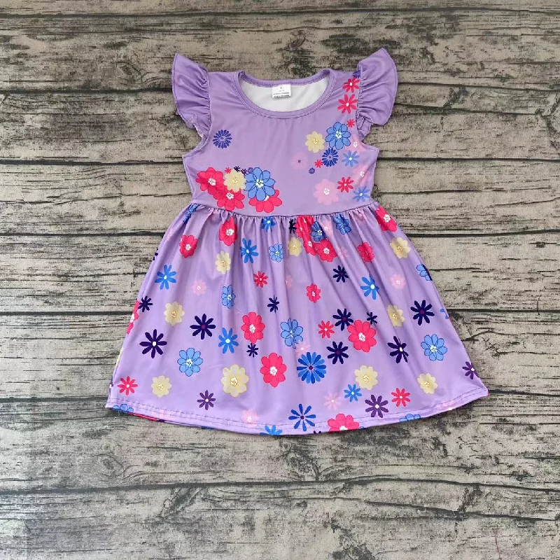 cartoon flower purple Girl flutter sleeve Dresses