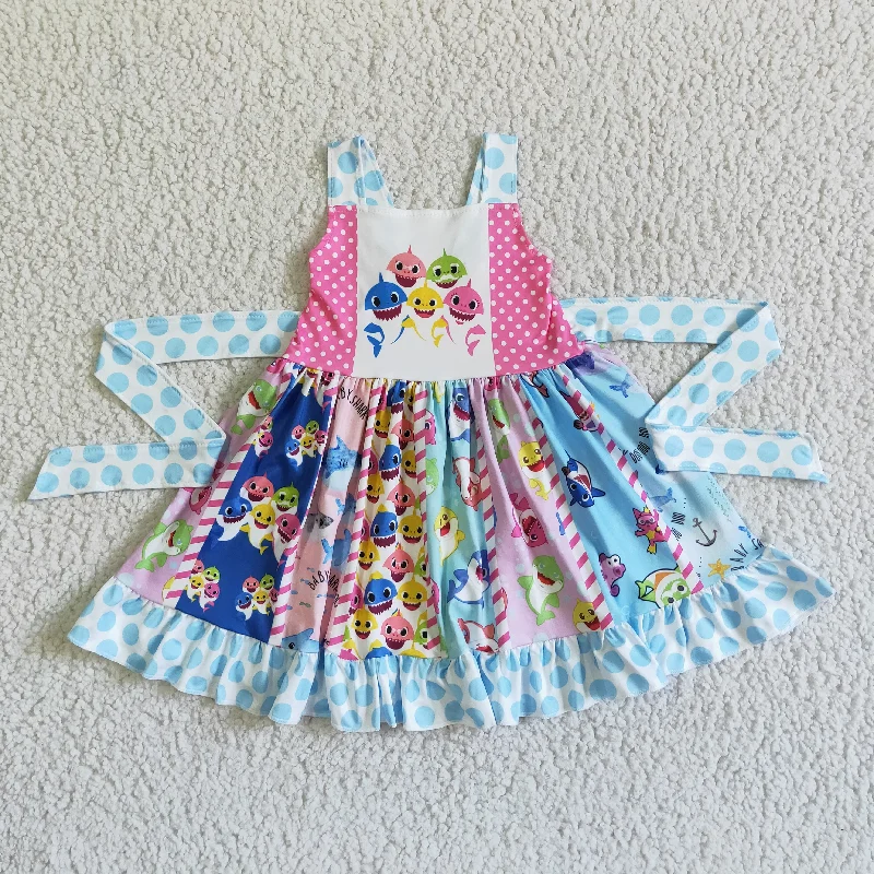 Cartoon Blue sleeveless Patchwork Dresses