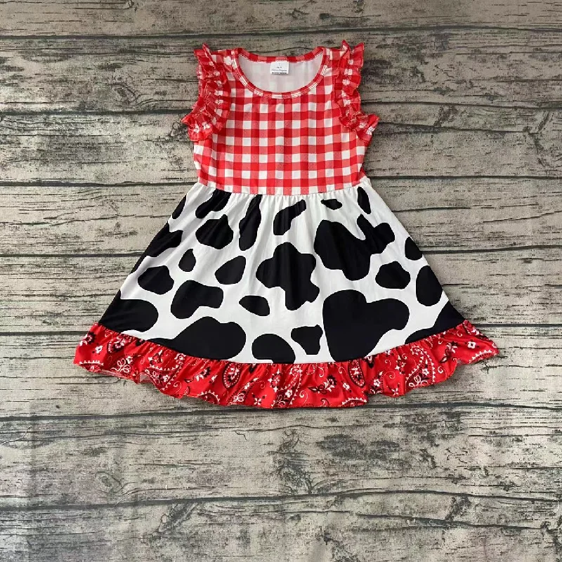 red plaid cow print Girl ruffle sleeve Dresses