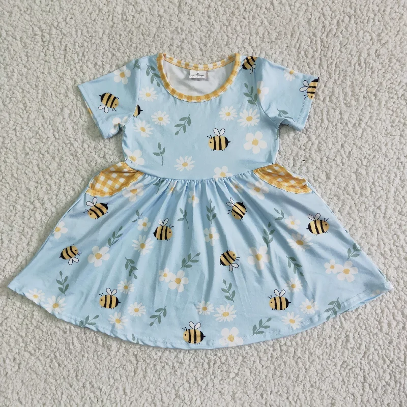 Bee spring flower blue cute short sleeve Dresses