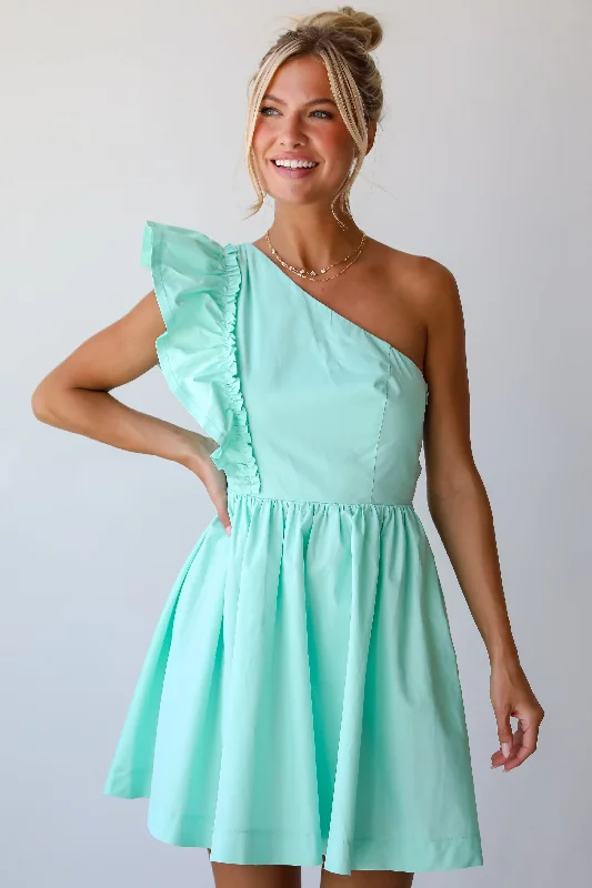 FINAL SALE - Charming Glamour Mint One-Shoulder Mini Dress