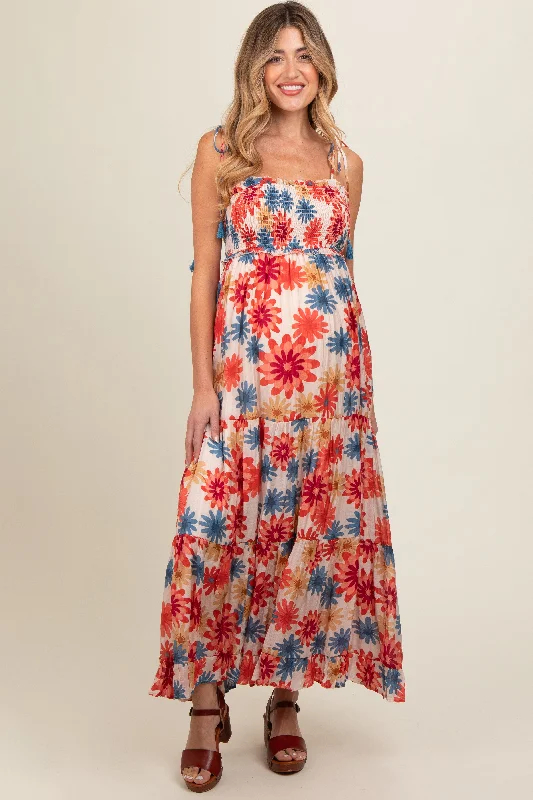 Coral Floral Smocked Shoulder Tie Maternity Maxi Dress