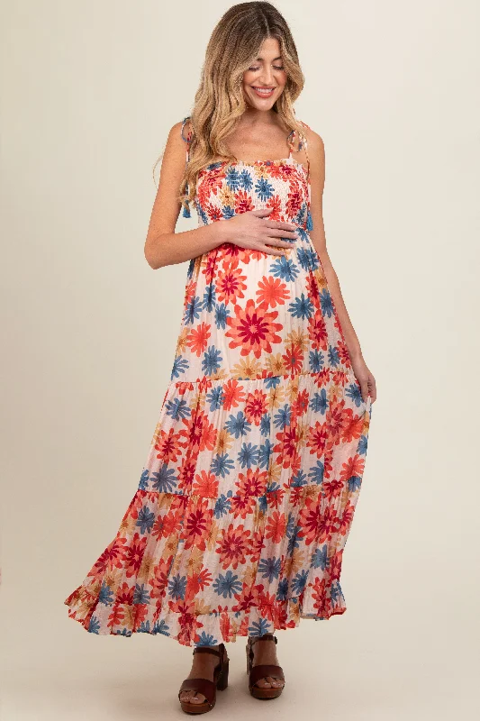 Coral Floral Smocked Shoulder Tie Maternity Maxi Dress