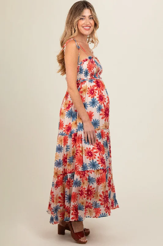 Coral Floral Smocked Shoulder Tie Maternity Maxi Dress