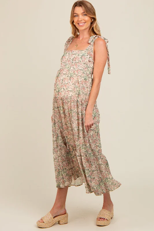 Cream Floral Shoulder Tie Tiered Maternity Maxi Dress