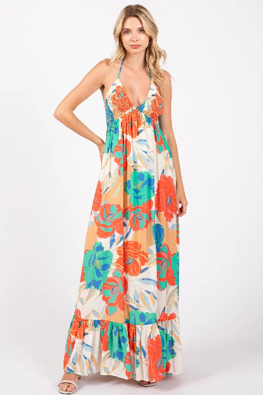 Cream Floral Smocked Halter Cutout Maternity Maxi Dress