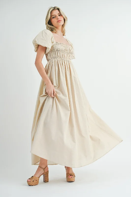 Cream Puff Sleeve Smocked Maternity Maxi Dress