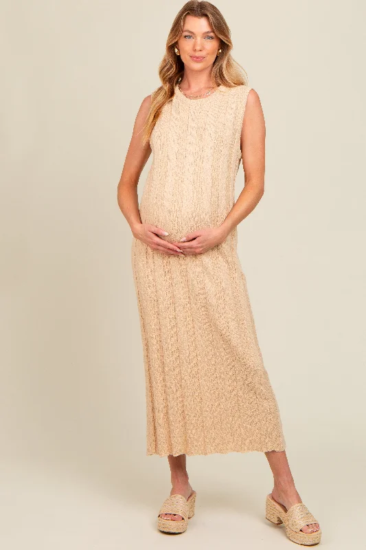 Cream Ribbed Knit Sleeveless Maternity Dress