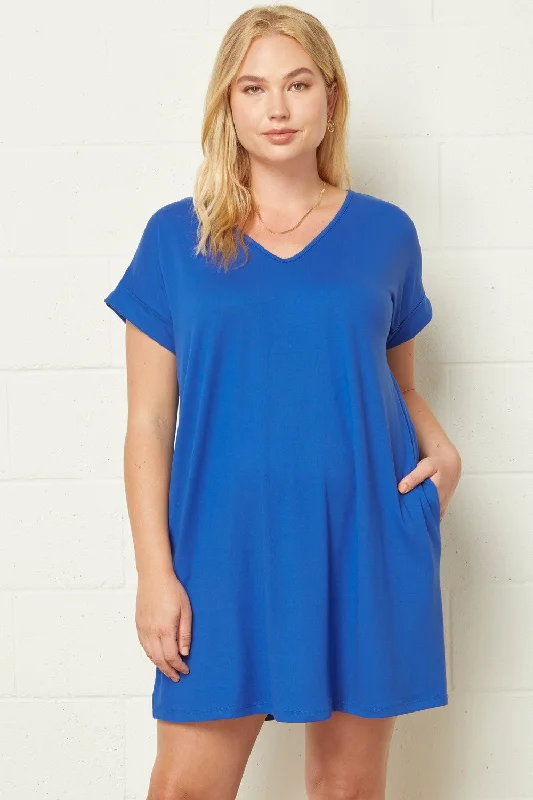 Cuffed Sleeve V-Neck T-Shirt Dress with Pockets in Plus Size by Entro