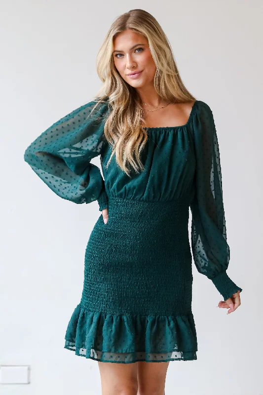 FINAL SALE - Dance The Night Away Hunter Green Smocked Swiss Dot Mini Dress