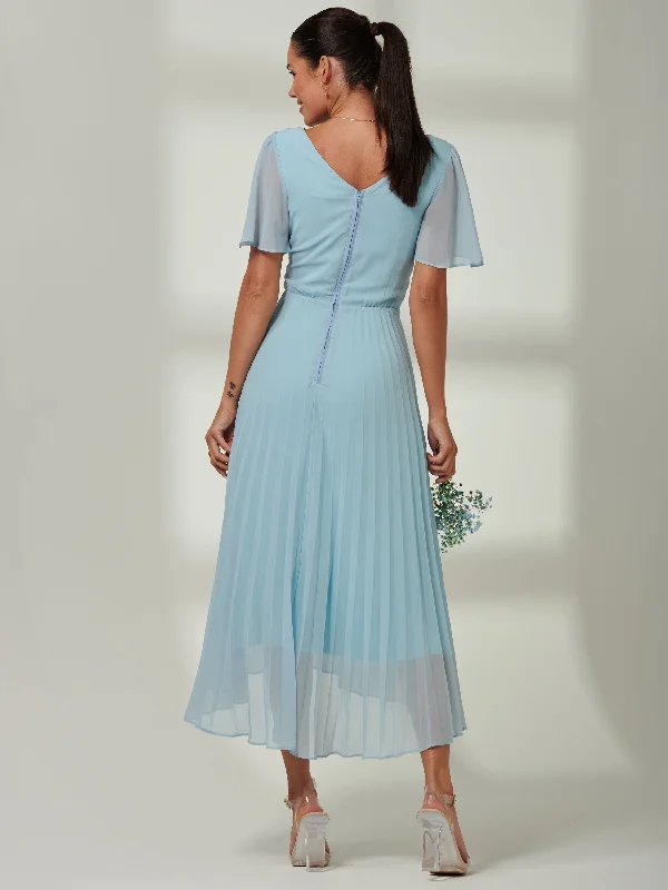 Elene Pleated High Low Chiffon Maxi Dress, Ice blue