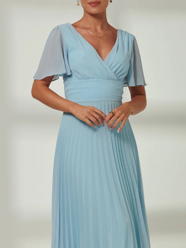 Elene Pleated High Low Chiffon Maxi Dress, Ice blue