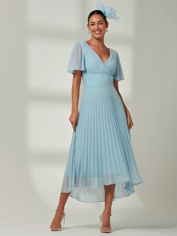 Elene Pleated High Low Chiffon Maxi Dress, Ice blue