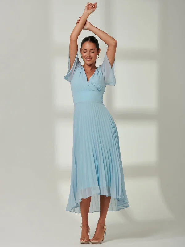 Elene Pleated High Low Chiffon Maxi Dress, Ice blue