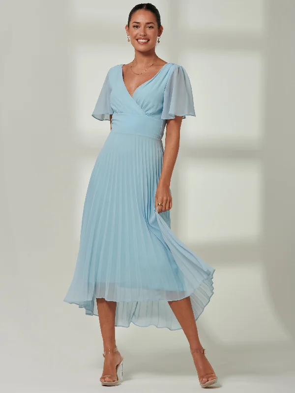 Elene Pleated High Low Chiffon Maxi Dress, Ice blue