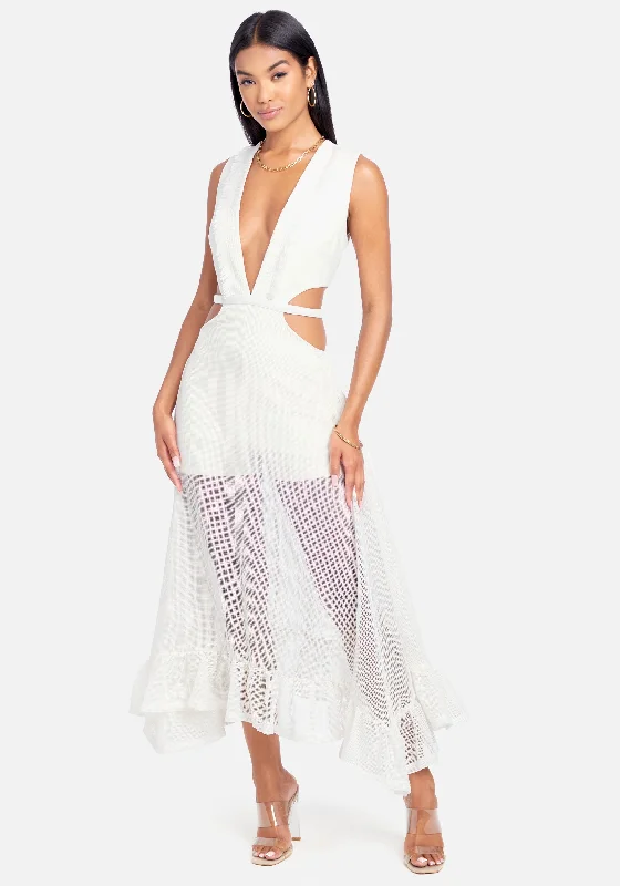 Fringe Mesh Plunge Maxi Gown