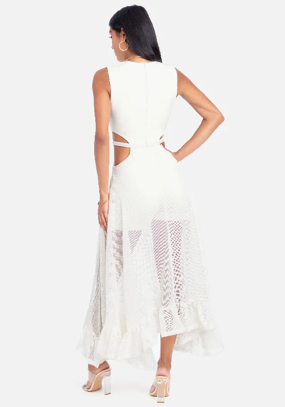 Fringe Mesh Plunge Maxi Gown