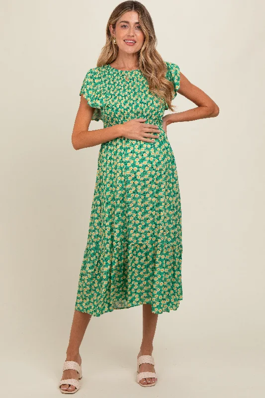 Green Floral Smocked Maternity Midi Dress