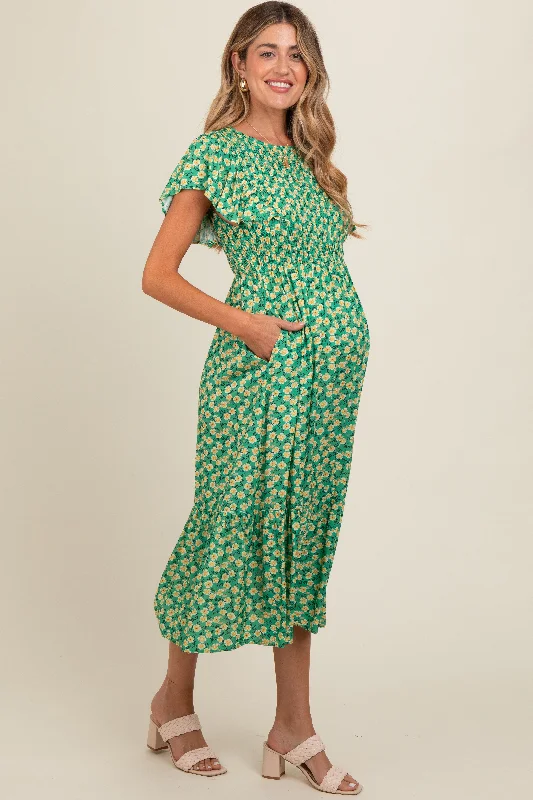 Green Floral Smocked Maternity Midi Dress